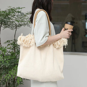 Women Canvas Shoulder Bags Tassel Handbags Totes Ins Shopping Totes