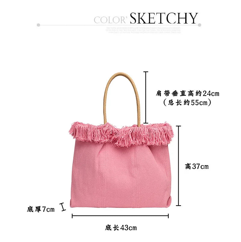 Women Canvas Shoulder Bags Tassel Handbags Totes Ins Shopping Totes