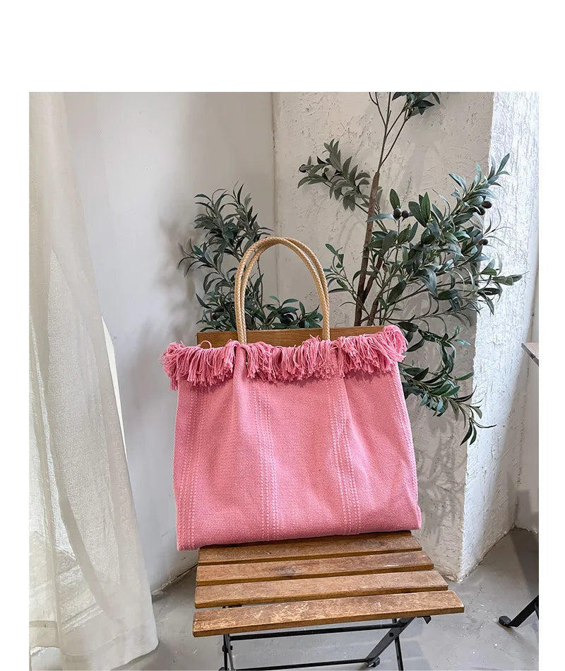 Women Canvas Shoulder Bags Tassel Handbags Totes Ins Shopping Totes