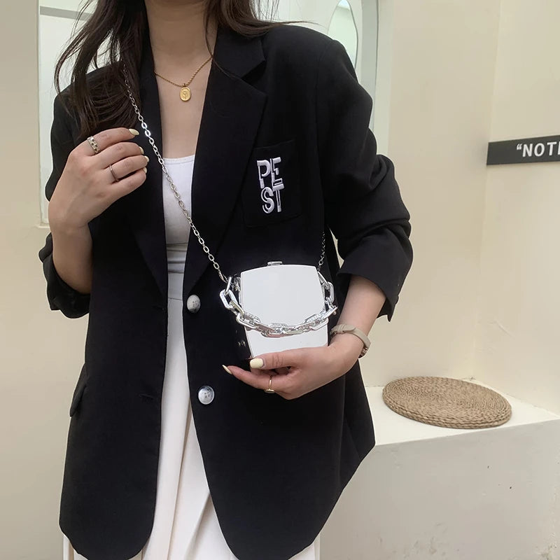 Silver PVC Clutch Bag Box Party Evening Chain Crossbody Mini Purse