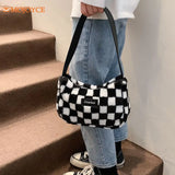 Winter Checker Print Shoulder Bag Women Plush Underarm Bags Casual Female Tote