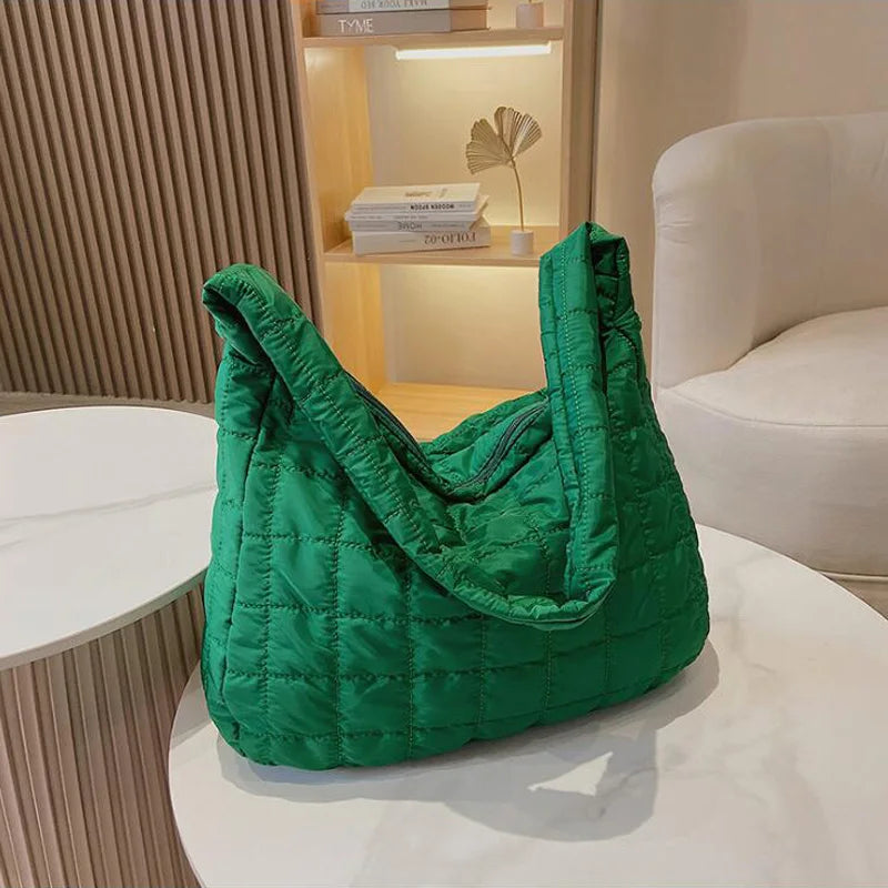 Winter Nylon Shoulder Bags Down Cotton Crossbody Plaid Tote for Women