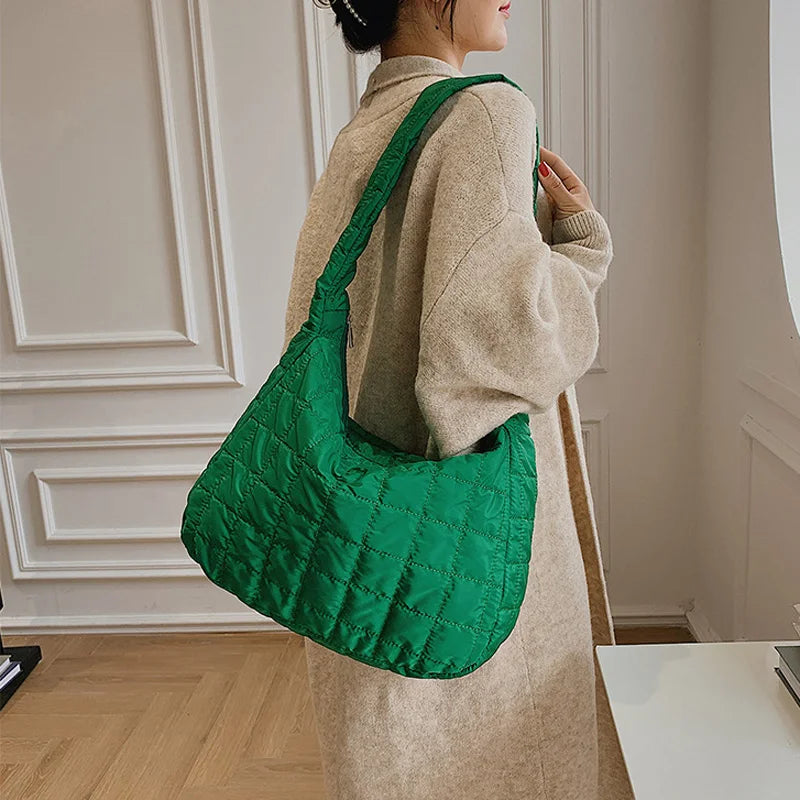 Winter Nylon Shoulder Bags Down Cotton Crossbody Plaid Tote for Women