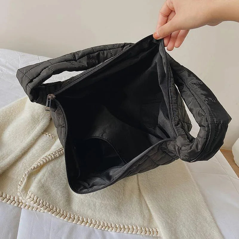 Winter Nylon Shoulder Bags Down Cotton Crossbody Plaid Tote for Women