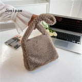 Winter Soft Plush Shoulder Bag Vintage Solid Tote Bucket Bags