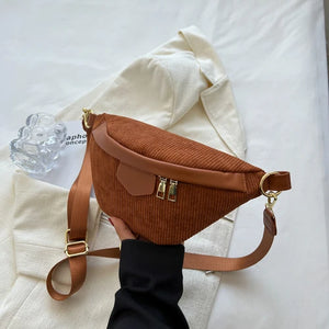 Winter Women Corduroy Waist Crossbody Bag Vintage Zipper Fabric Chest Purse