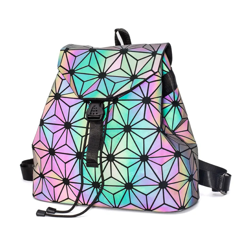 Geometric Plaid Women Backpack Teen School Bag Holographic Drawstring Bag