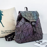 Geometric Plaid Women Backpack Teen School Bag Holographic Drawstring Bag