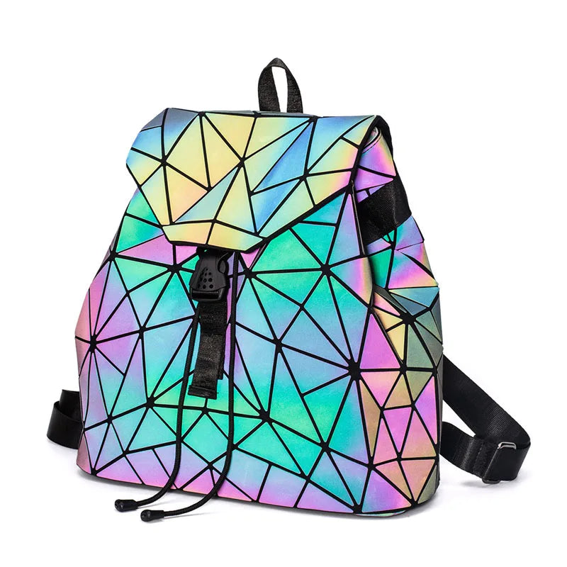 Geometric Plaid Women Backpack Teen School Bag Holographic Drawstring Bag
