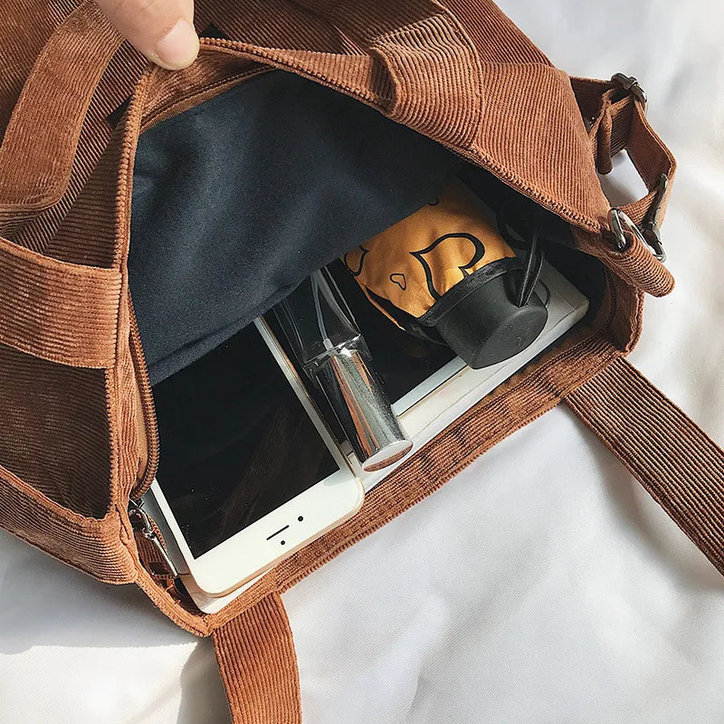 Women Corduroy Zipper Shoulder Bag Casual Tote