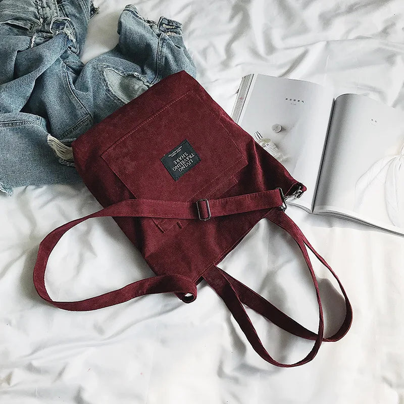 Women Corduroy Zipper Shoulder Bag Casual Tote