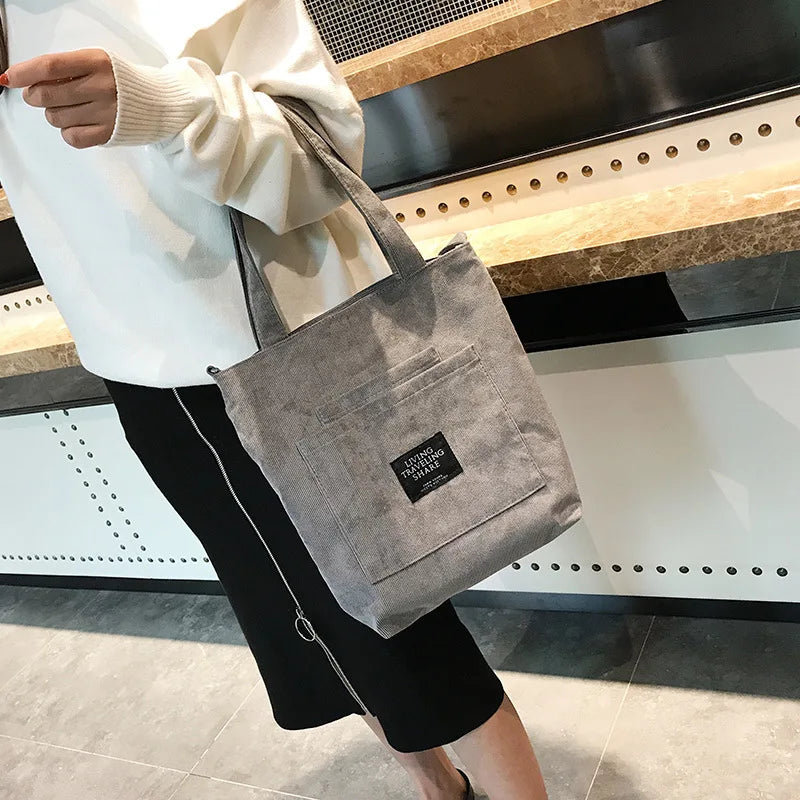 Women Corduroy Zipper Shoulder Bag Casual Tote