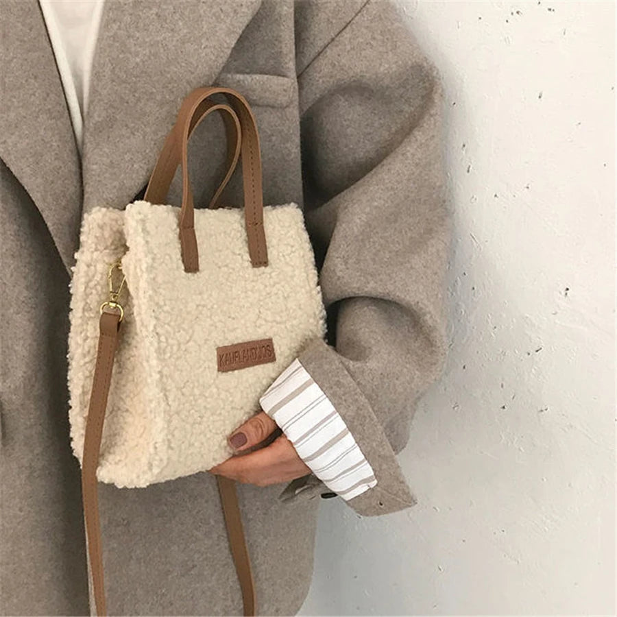 Women Winter Shoulder Bag Lamb Wool Warm Soft Autumn Ins Square Cross-body Porta