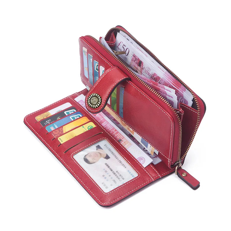 Women's Retro Oil Wax Wallet PU Hollow Zipper Wallet