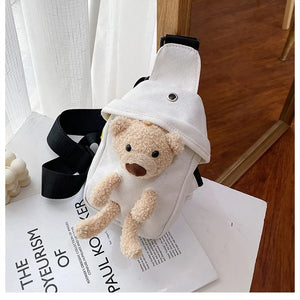 Casual Plush Bear Chest Bag Canvas Crossbody Bag for Women