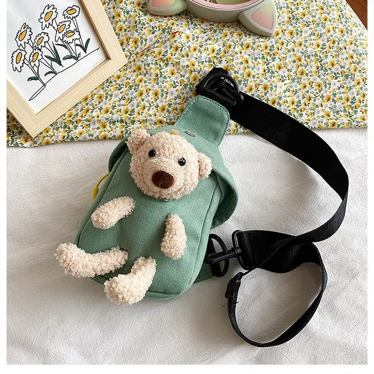 Casual Plush Bear Chest Bag Canvas Crossbody Bag for Women