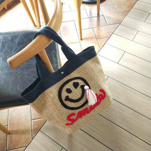 Smiley Embroidery Straw Beach Bag Tassel Handbag