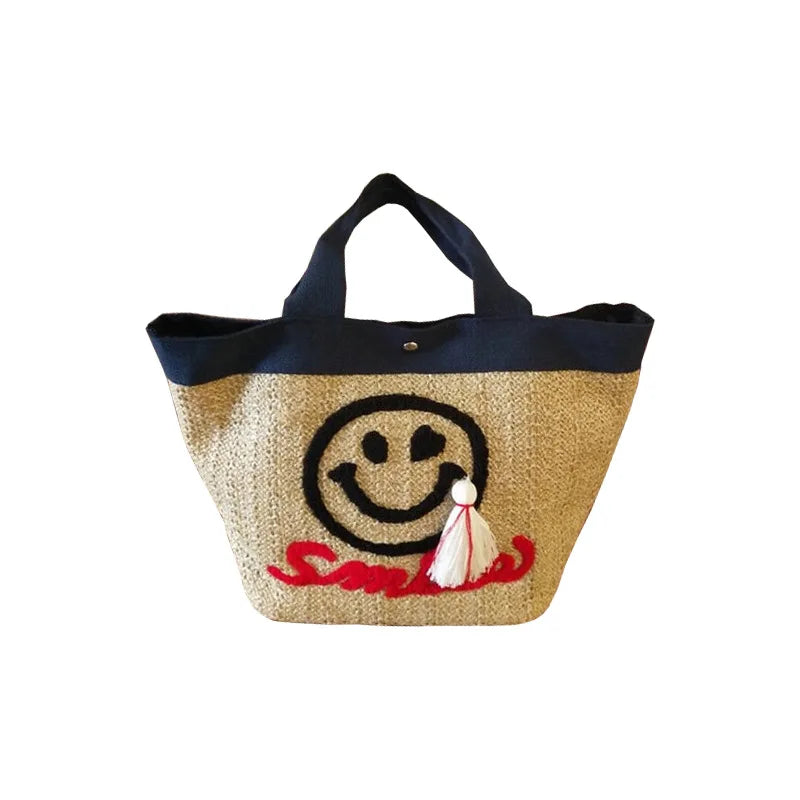 Smiley Embroidery Straw Beach Bag Tassel Handbag