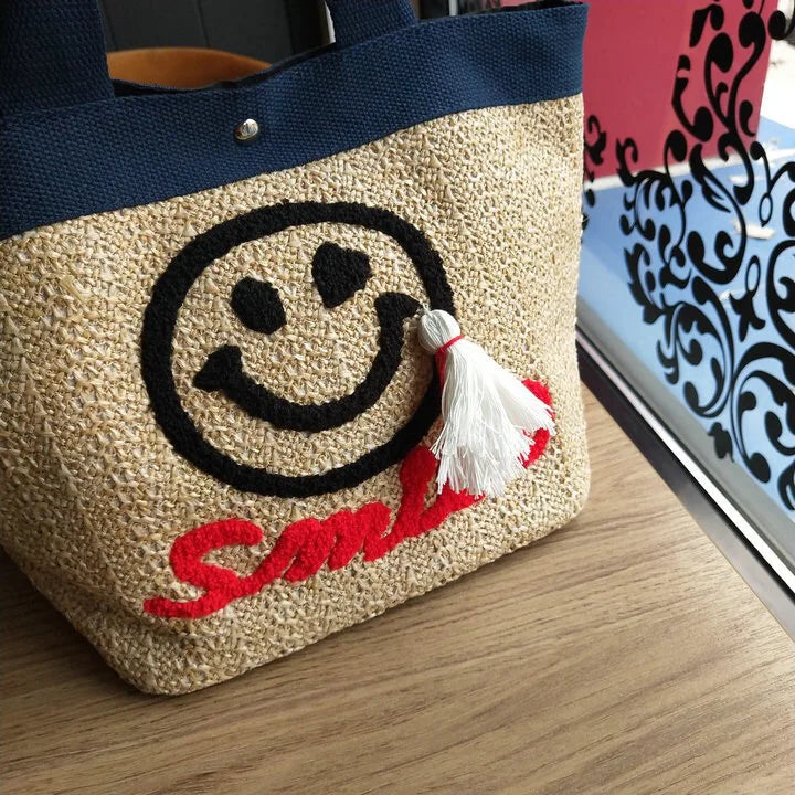 Smiley Embroidery Straw Beach Bag Tassel Handbag
