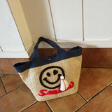 Smiley Embroidery Straw Beach Bag Tassel Handbag