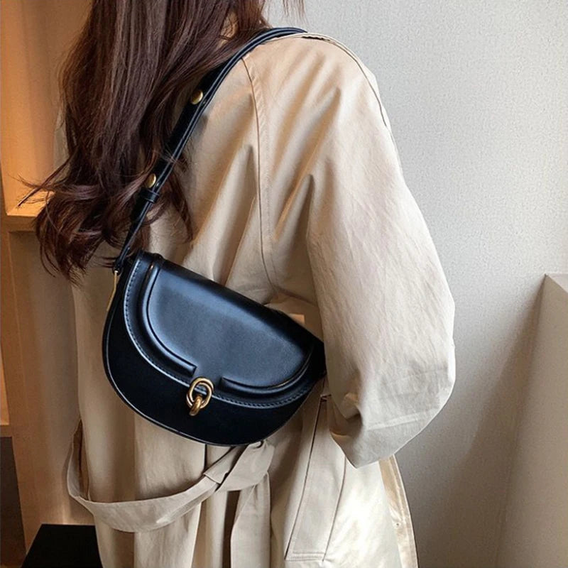 Brown Metal Buckle Shoulder Bag with Adjustable Strap