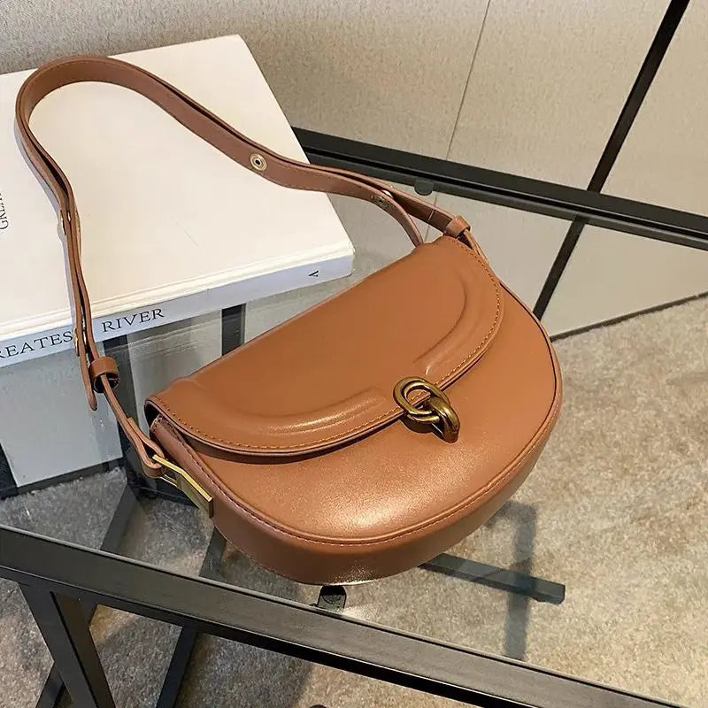 Brown Metal Buckle Shoulder Bag with Adjustable Strap