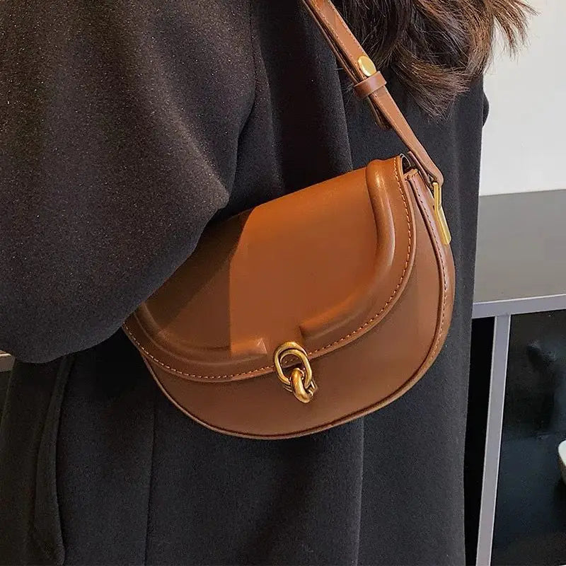 Brown Metal Buckle Shoulder Bag with Adjustable Strap