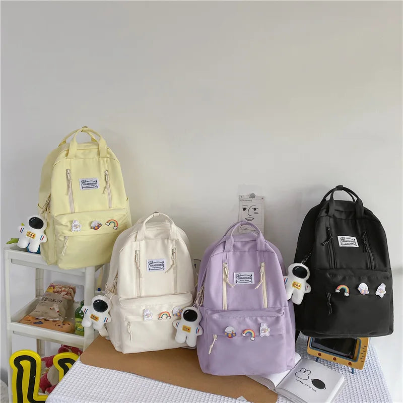 Casual Nylon Student Schoolbag Double Zipper Charm Keychain