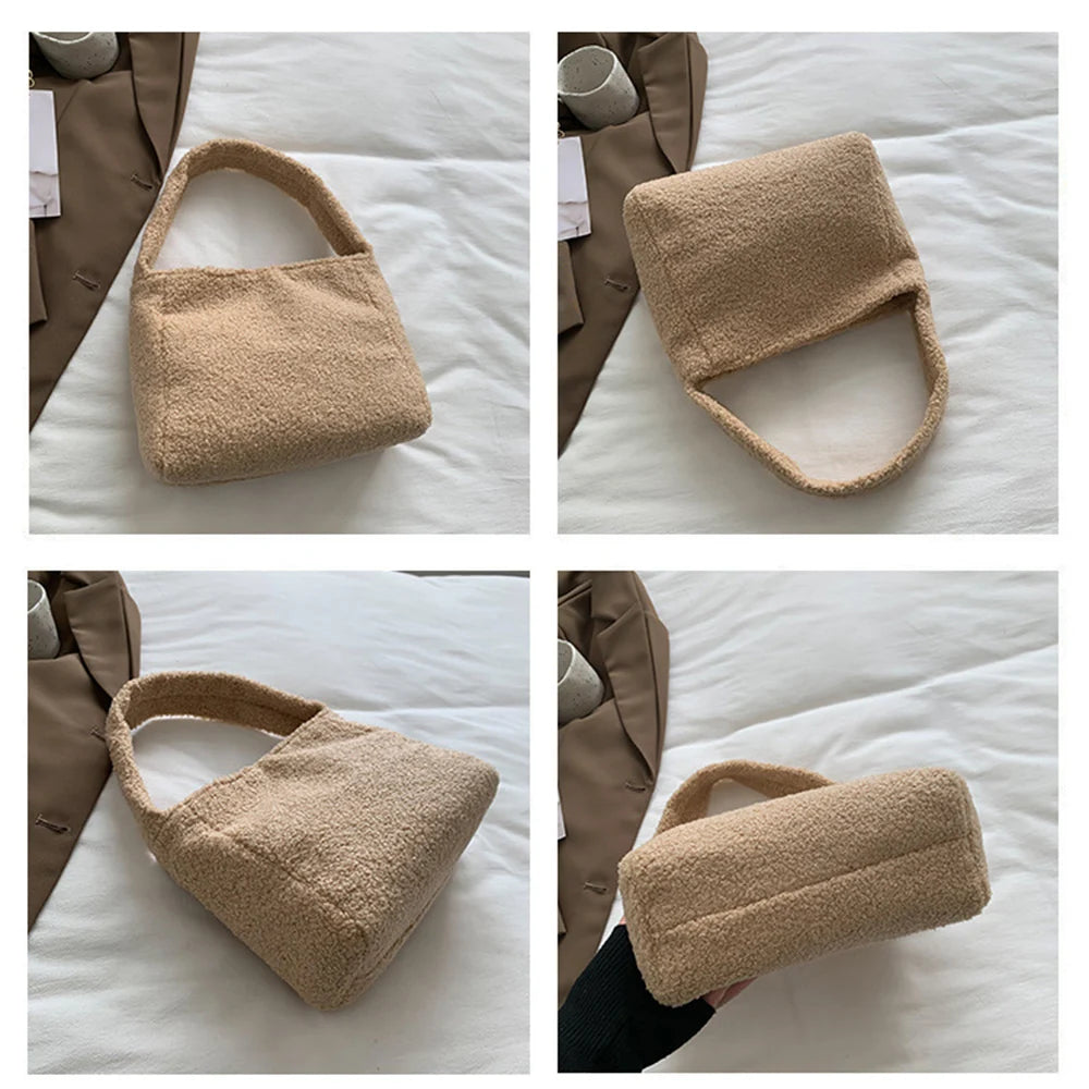 Plush Tote Shoulder Bag High Purse Solid Women Handbags