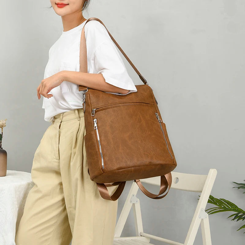 Retro PU Leather Backpack Waterproof Travel Bag Casual Mochila