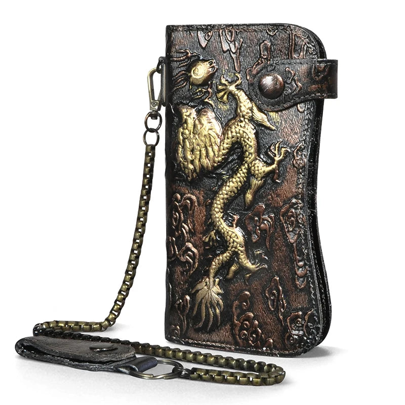 Men's Leather Dragon Checkbook Wallet with Chain