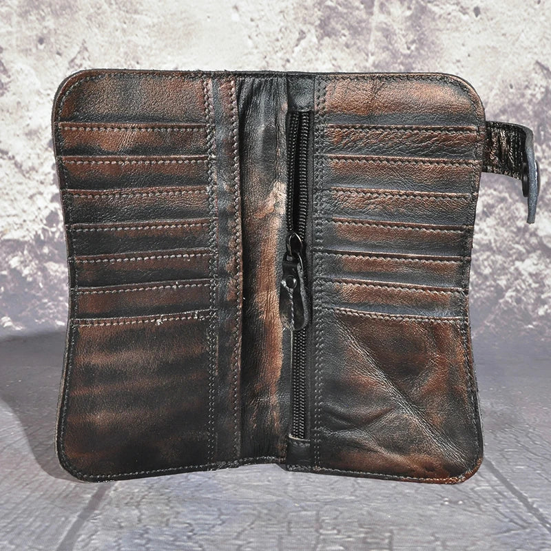 Men's Leather Dragon Emboss Checkbook Wallet with Chain