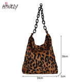 Leopard Pattern Corduroy Shoulder Bag with Thick Chain - Women's Retro Handbag