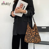 Leopard Pattern Corduroy Shoulder Bag with Thick Chain - Women's Retro Handbag
