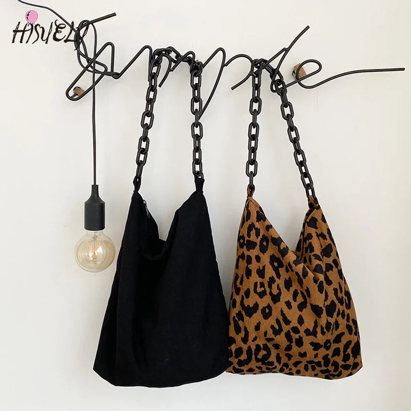 Leopard Pattern Corduroy Shoulder Bag with Thick Chain - Women's Retro Handbag