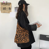 Leopard Pattern Corduroy Shoulder Bag with Thick Chain - Women's Retro Handbag
