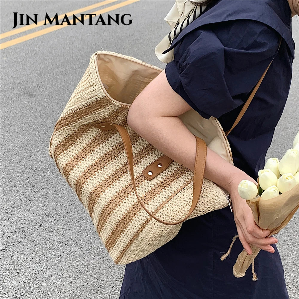 Casual Striped Straw Tote Shoulder Bag for Women