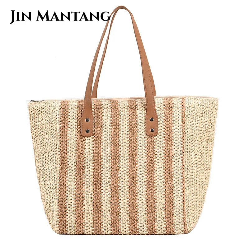 Casual Striped Straw Tote Shoulder Bag for Women