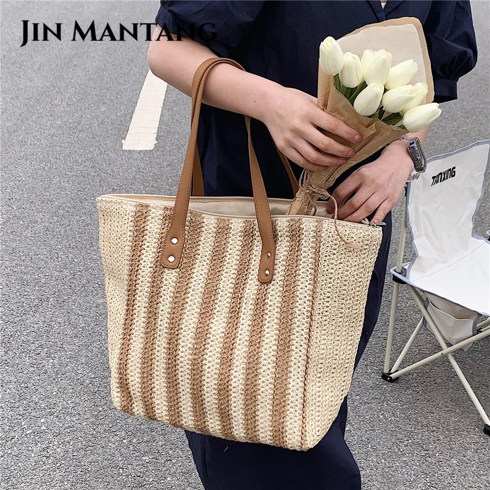 Casual Striped Straw Tote Shoulder Bag for Women