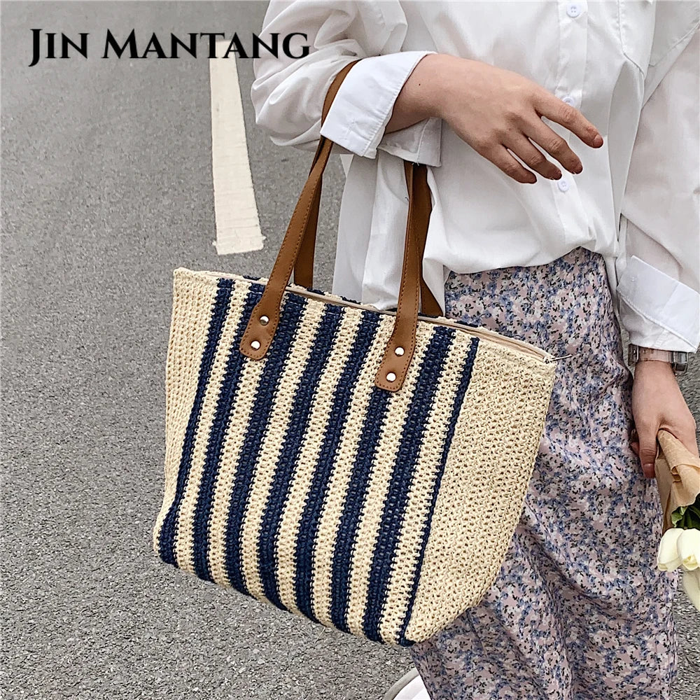 Casual Striped Straw Tote Shoulder Bag for Women