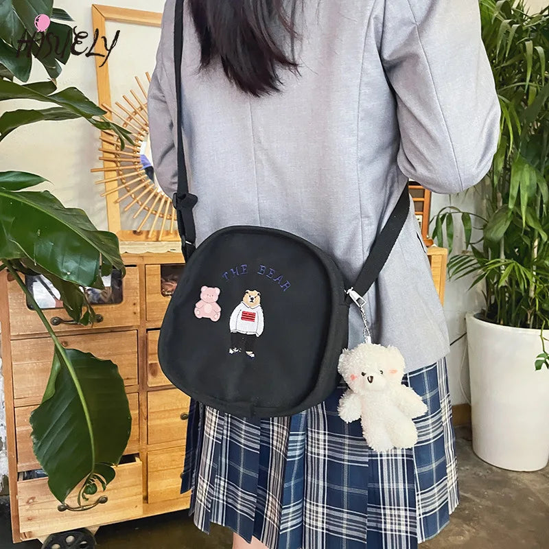 Summer Oval Canvas Shoulder Bag with Funny Embroidery Bear