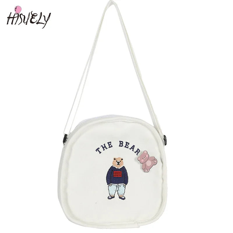 Summer Oval Canvas Shoulder Bag with Funny Embroidery Bear