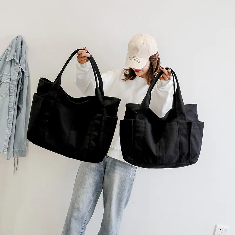Canvas Casual Shopper Solid Travel Shoulder School Shopping Bags Women's Tote Ba