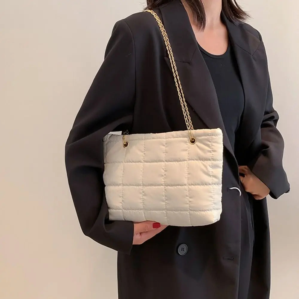 Winter Plaid Shoulder Bags Down Cotton Padded Tote Women Messenger Bags
