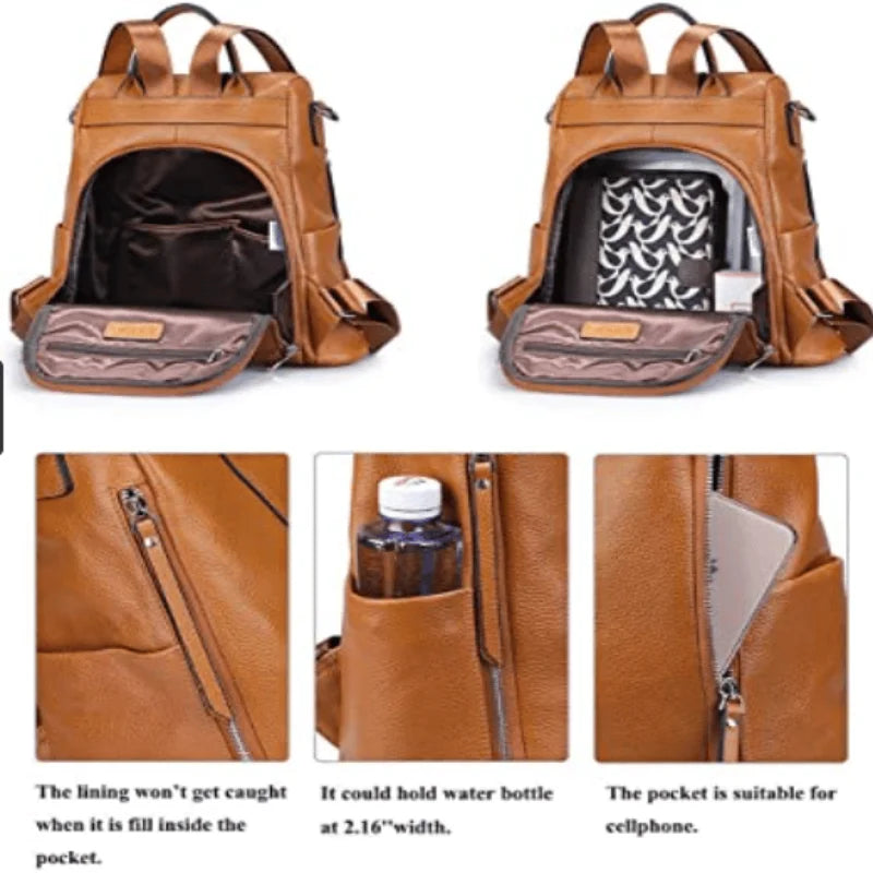 Vintage Leather Ladies' Anti-Theft Backpack & Shoulder Bag
