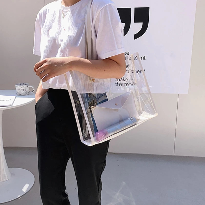 2Pcs Transparent PVC Shoulder Bag Waterproof Purse Handbag Jelly Large Shopping