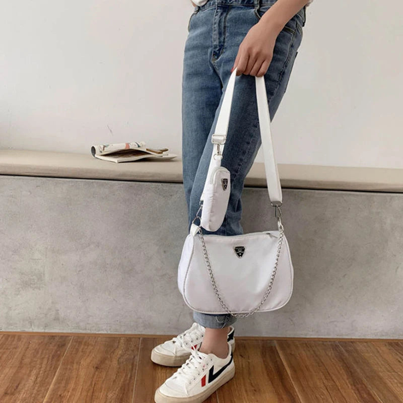 2pcs Nylon Shoulder Bag Women Chains Crossbody Messenger Handbag