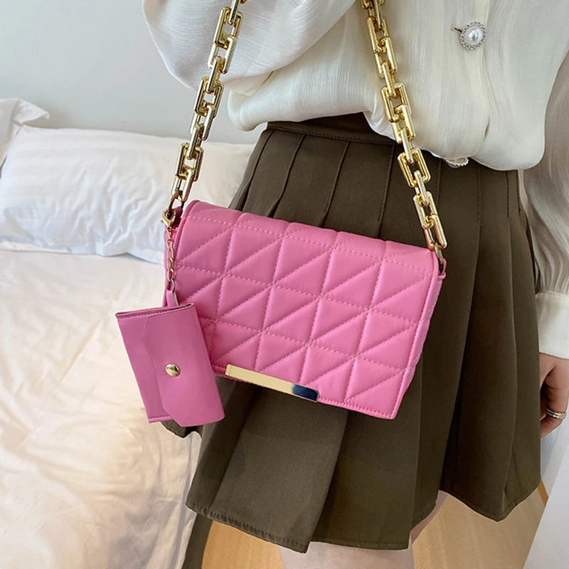 Quilting Leather Shoulder Bag with Chains Flap