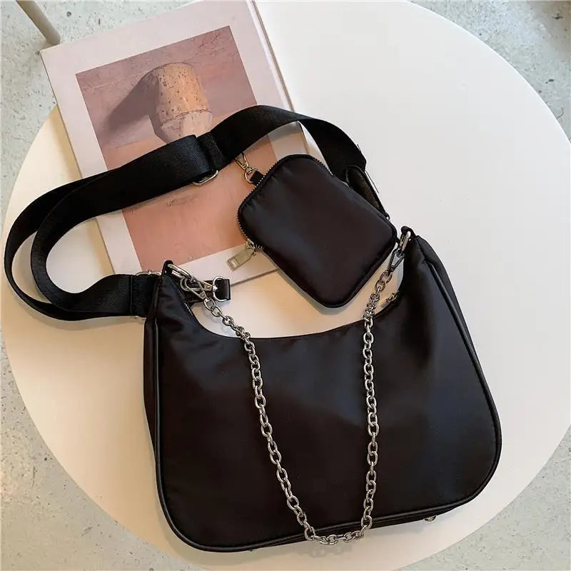 Vintage Shoulder Bag Nylon Women Chains Crossbody Messenger Handbag