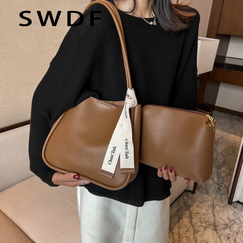 2pc/set PU Leather Women's Handbags Casual Tote Bucket Shoulder Bags